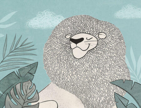 Papier peint lion graphique avec des feuilles tropicales