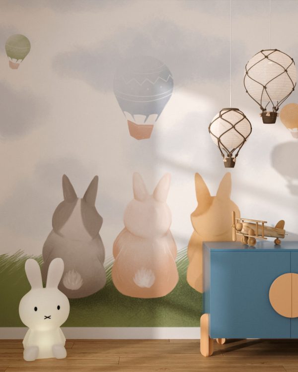 Papier peint trois lapins et des montgolfières