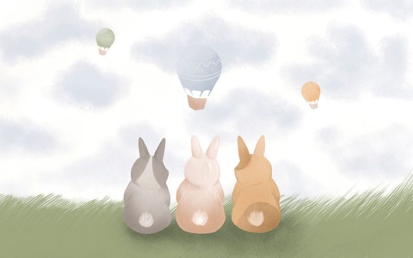 Papier peint trois lapins et des montgolfières