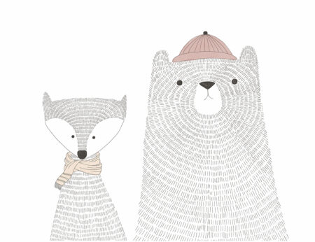 Papier peint renard, ours et lièvre dans un style graphique minimaliste