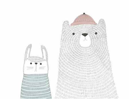 Papier peint renard, ours et lièvre dans un style graphique minimaliste