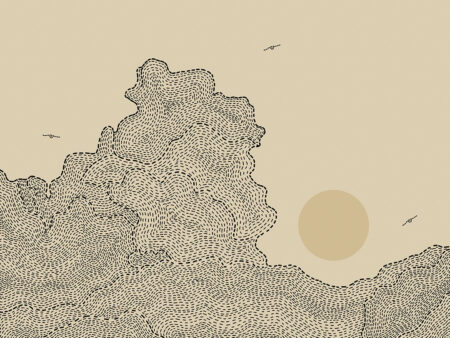 Soleil avec des nuages et des oiseaux en papier peint de style linéaire