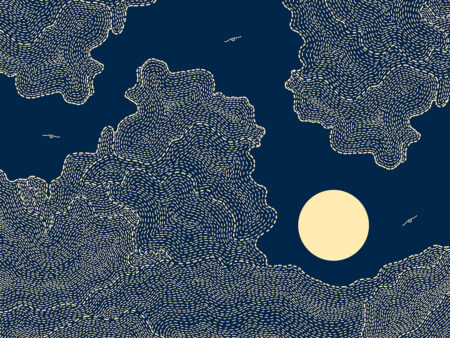 Soleil avec des nuages et des oiseaux en papier peint de style linéaire