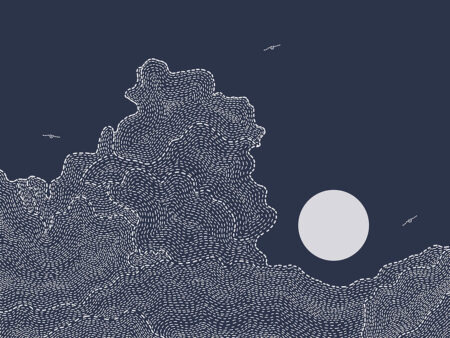 Soleil avec des nuages et des oiseaux en papier peint de style linéaire