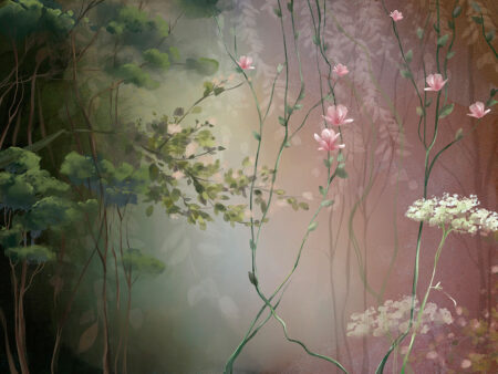 Papier peint fleuri rose et vert délicat