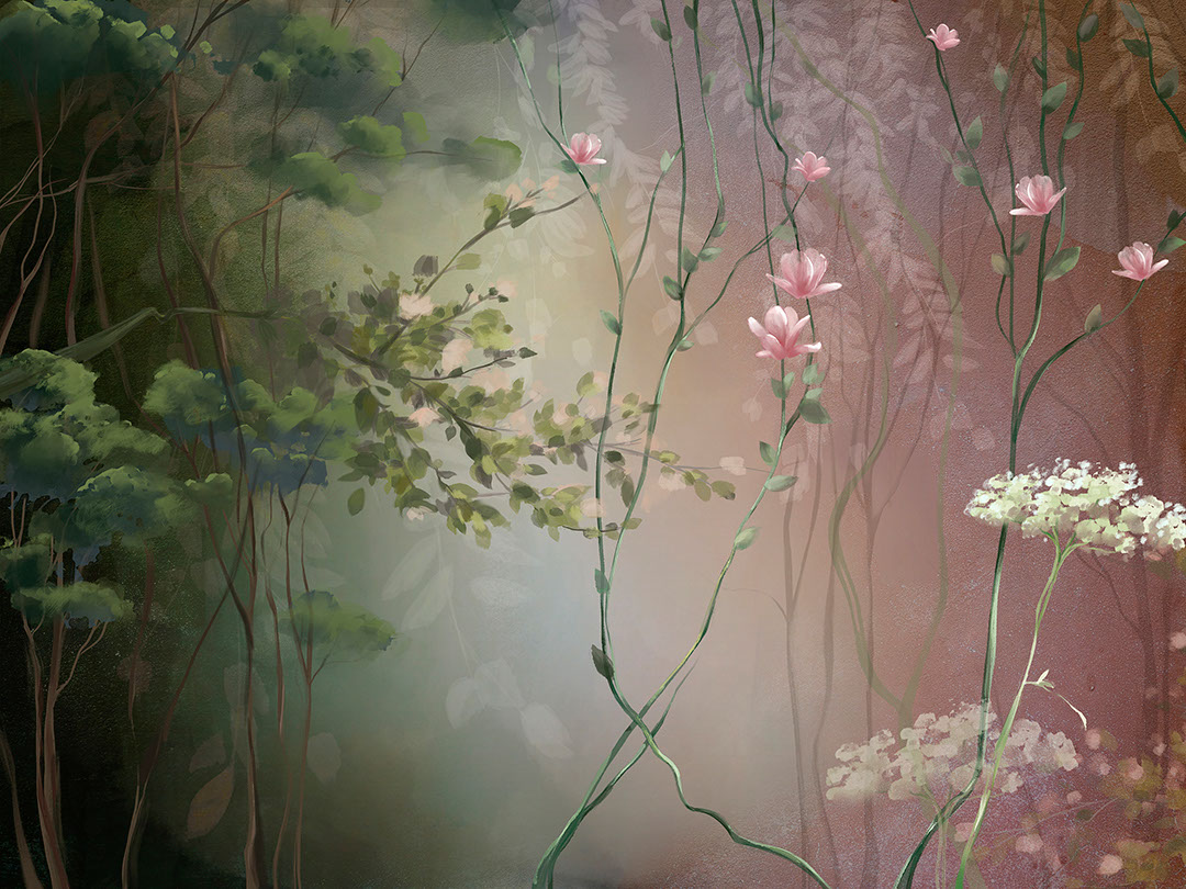 Papier peint fleuri rose et vert délicat