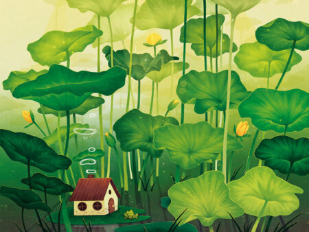 Papier peint inspiré de Thumbelina avec des nénuphars et une jolie grenouille