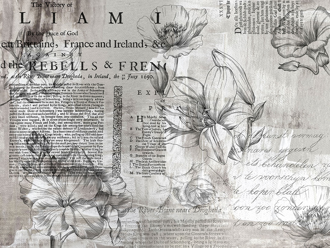 Papier peint fleurs linéaires minimalistes avec texte vintage