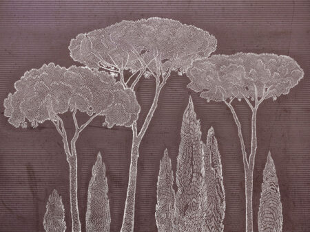 Papier peint illustré de cyprès méditerranéens et de pins parasols