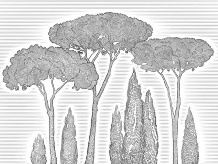 Papier peint illustré de cyprès méditerranéens et de pins parasols