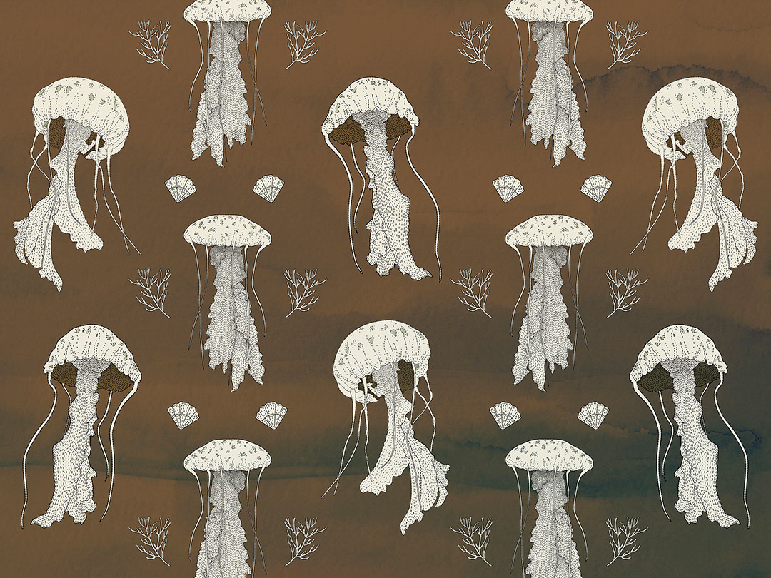 Papier peint à motifs répétés de méduses et de coquillages